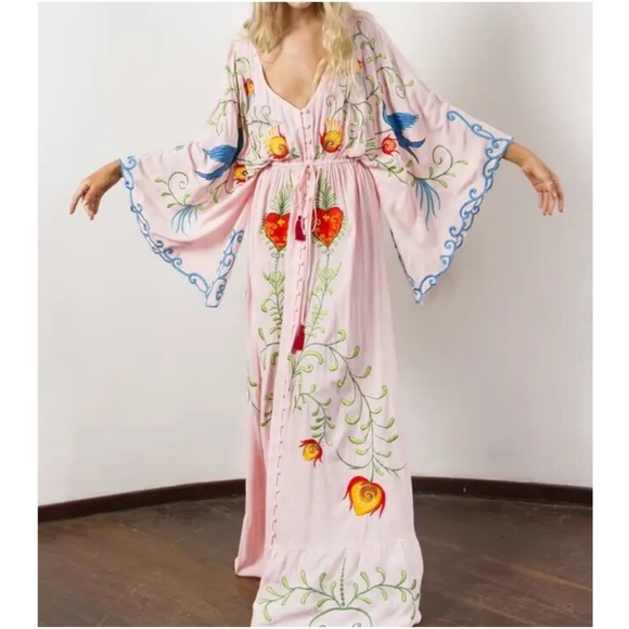 Boho Embroidered Hearts Floral Birds Long Maxi Kimono Dress - Picture 15 of 16
